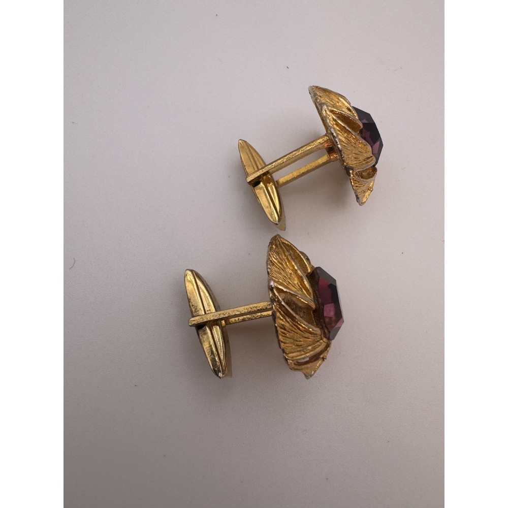 Vintage Brutalist Cufflinks Mid Century Gold Tone Swirl Purple Rhinestone - Picture 6 of 9